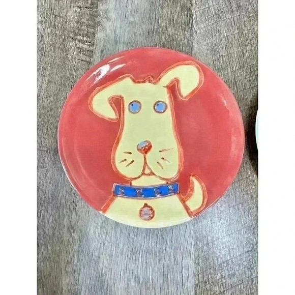 Lot Of 2 Dept 56 Dog Plate 7” Round Ceramic Dinner Lunch Or Pet Use Folk RARE - Picture 3 of 8